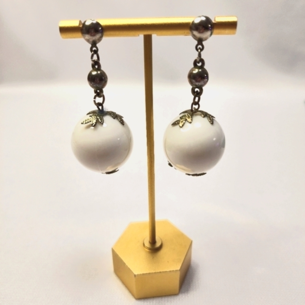 Vintage Large White Ball Dangle Pierced Earrings